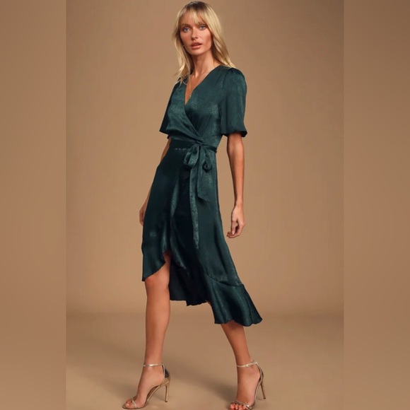 Lulus Dresses & Skirts - 🎁 NWT LULUSWrapped Up In Love Dark Green Satin Faux-Wrap Midi Dress Size Large
